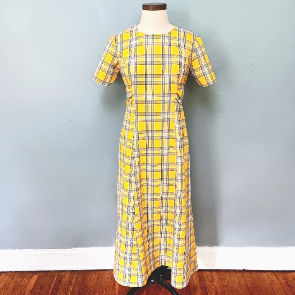 Vintage Handmade yellow plaid tie-back, zip maxi dress. Medium. - Picture 1 of 14